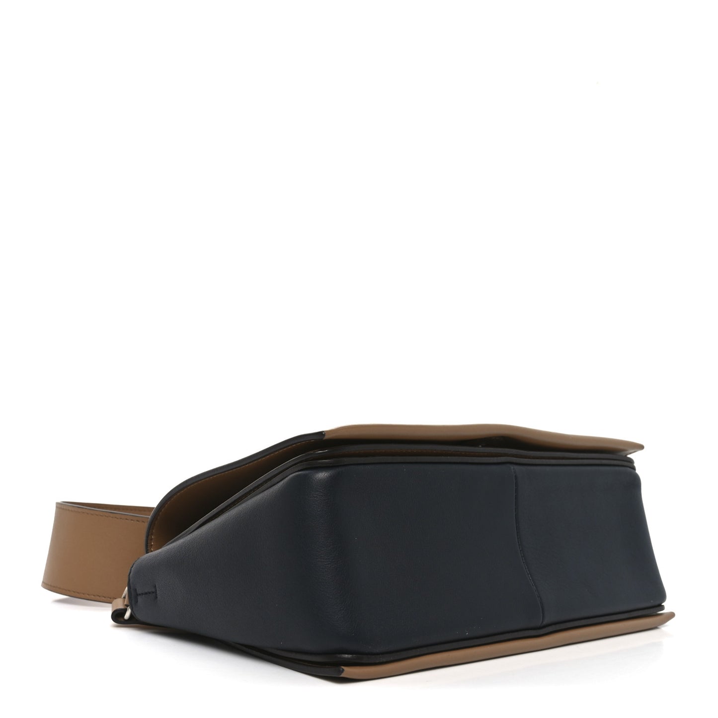 Shiny Smooth Calfskin Medium Frame Shoulder Bag Tan Navy