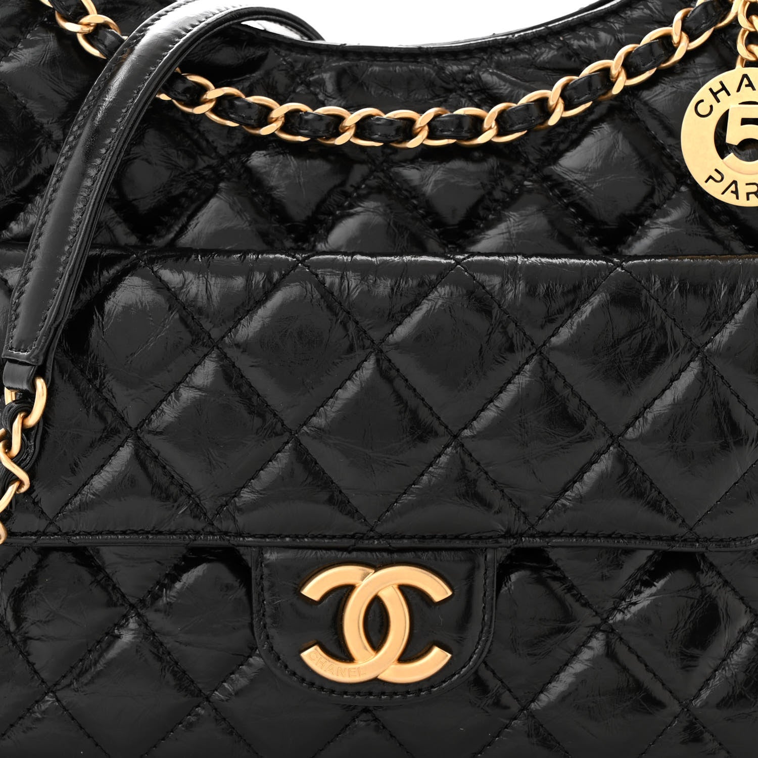 Chanel Shiny Crumpled Calfskin Quilted Wavy CC Hobo Black 8 of 11