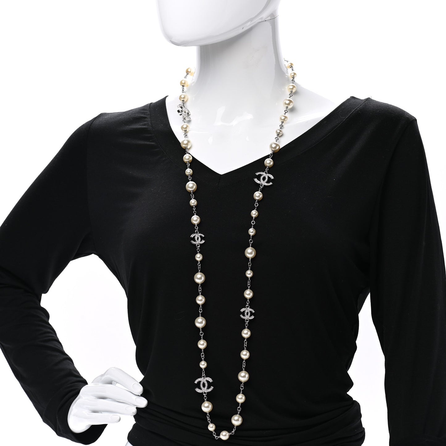 Graduated Pearl Crystal CC Long Necklace Silver