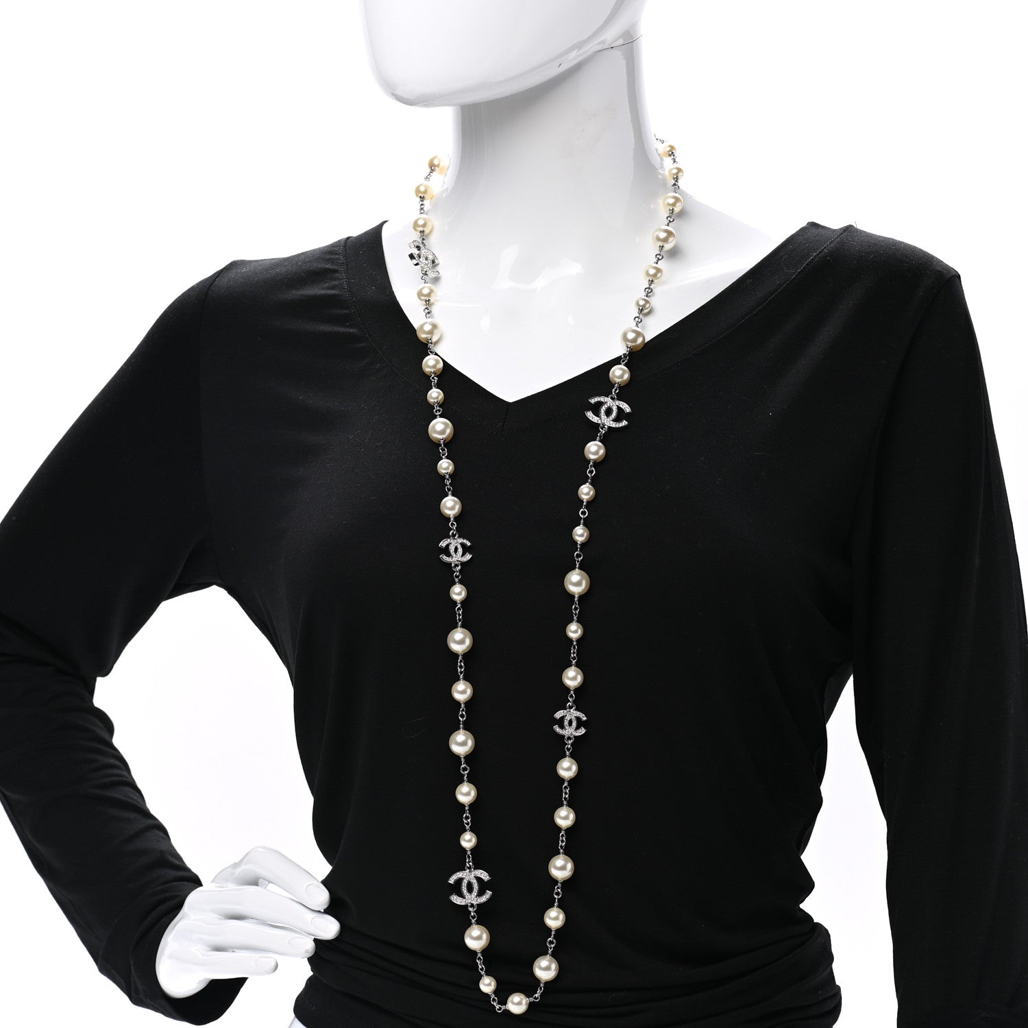 Chanel Graduated Pearl Crystal CC Long Necklace Silver 2 of 7