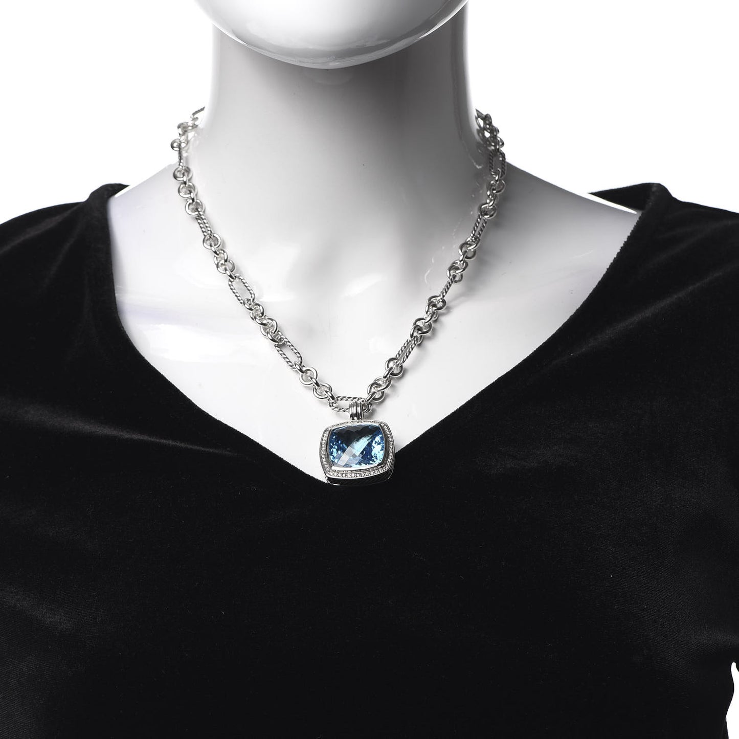Sterling Silver 18K Yellow Gold Diamond Blue Topaz 20mm Albion Figaro Chain Pendant Necklace