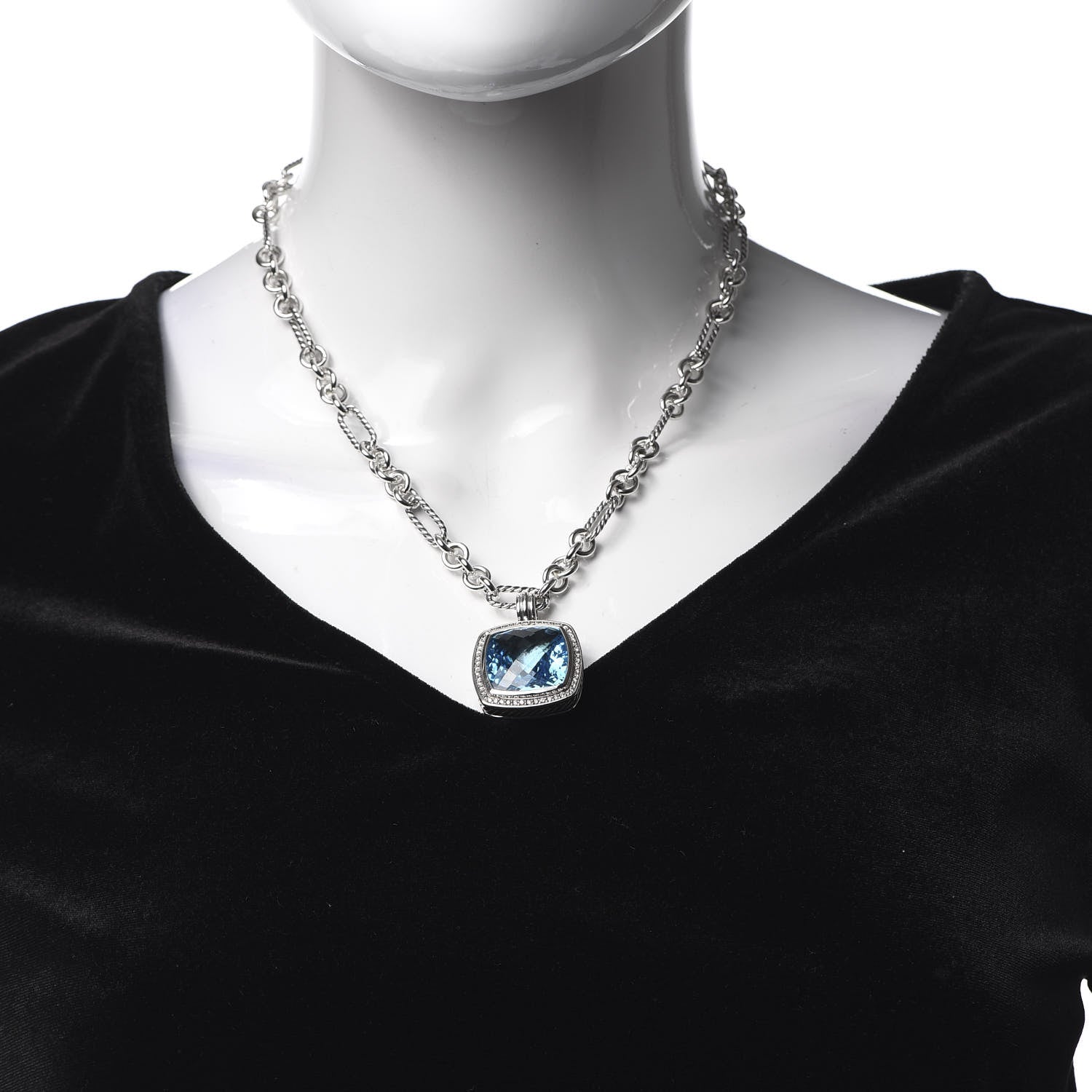 David Yurman Sterling Silver 18K Yellow Gold Diamond Blue Topaz 20mm Albion Figaro Chain Pendant Necklace 2 of 5