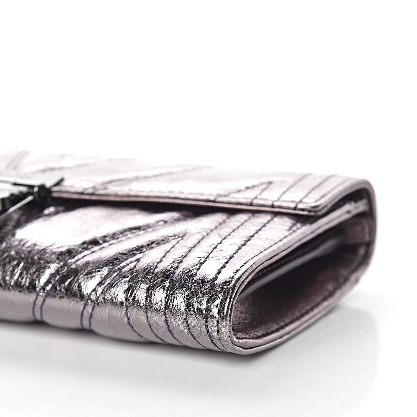 Metallic Calfskin Quilted Wallet On Chain Silver