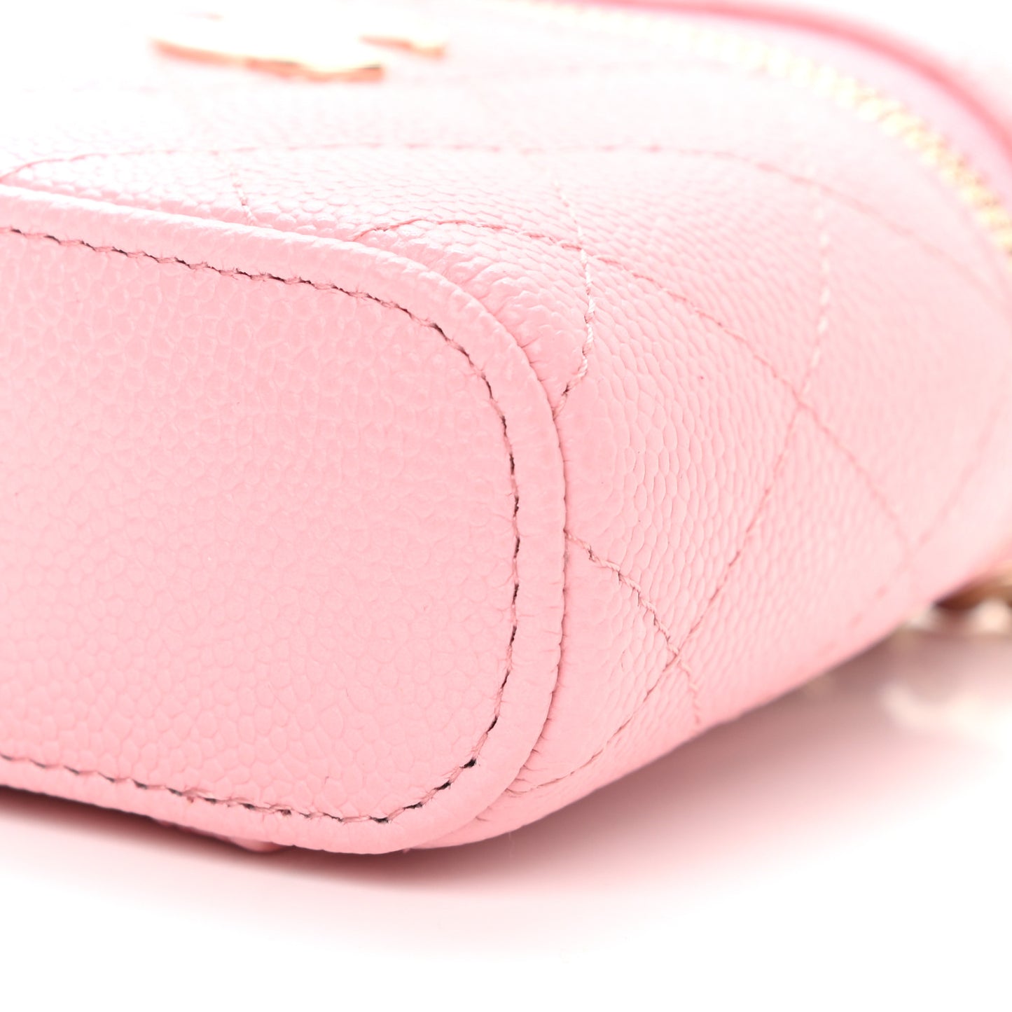 Caviar Quilted Small Handle With Care Vanity Case With Chain Pink