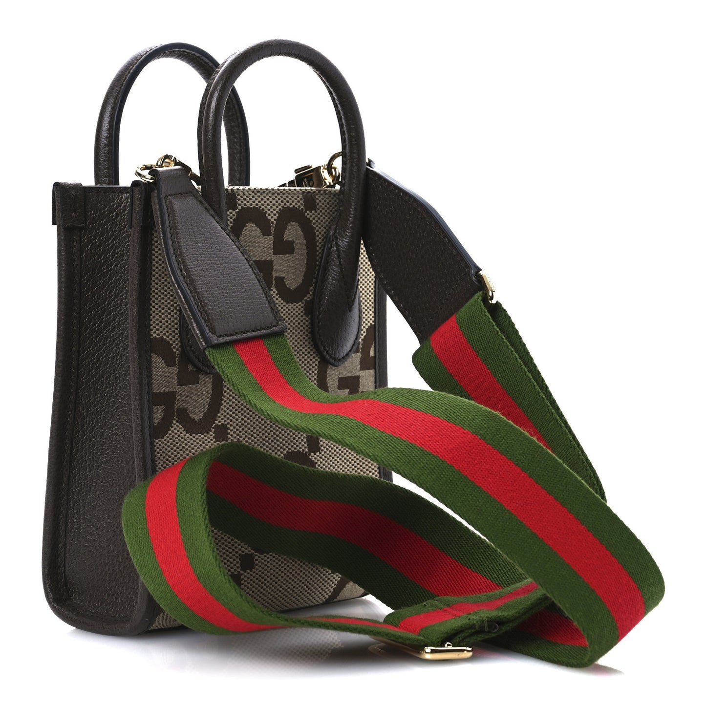 Monogram Jumbo GG Textured Dollar Calfskin Web Mini Vertical Tote Camel Ebony New Acero