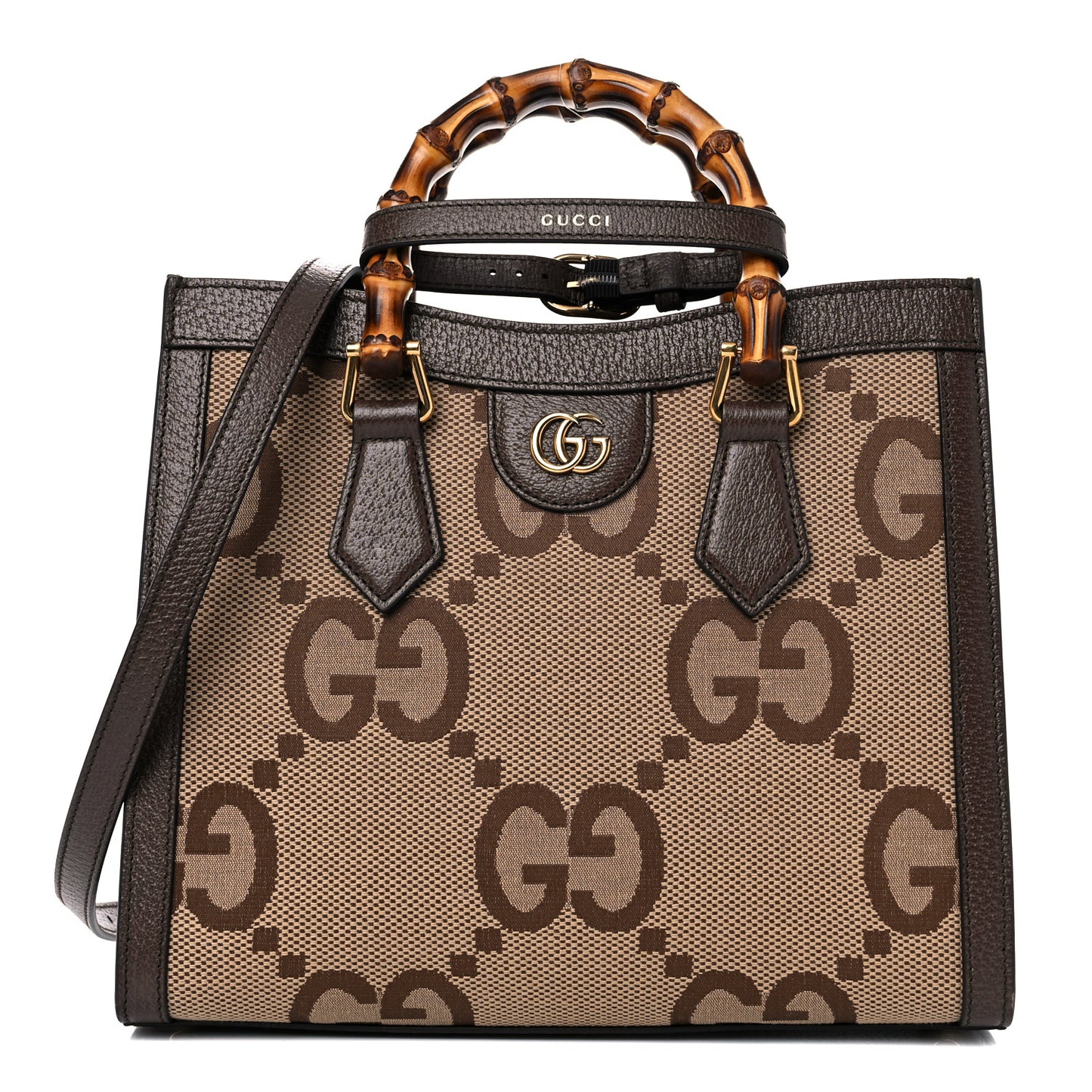 Monogram Jumbo GG Textured Dollar Calfskin Small Diana Tote Bag Camel Ebony New Acero