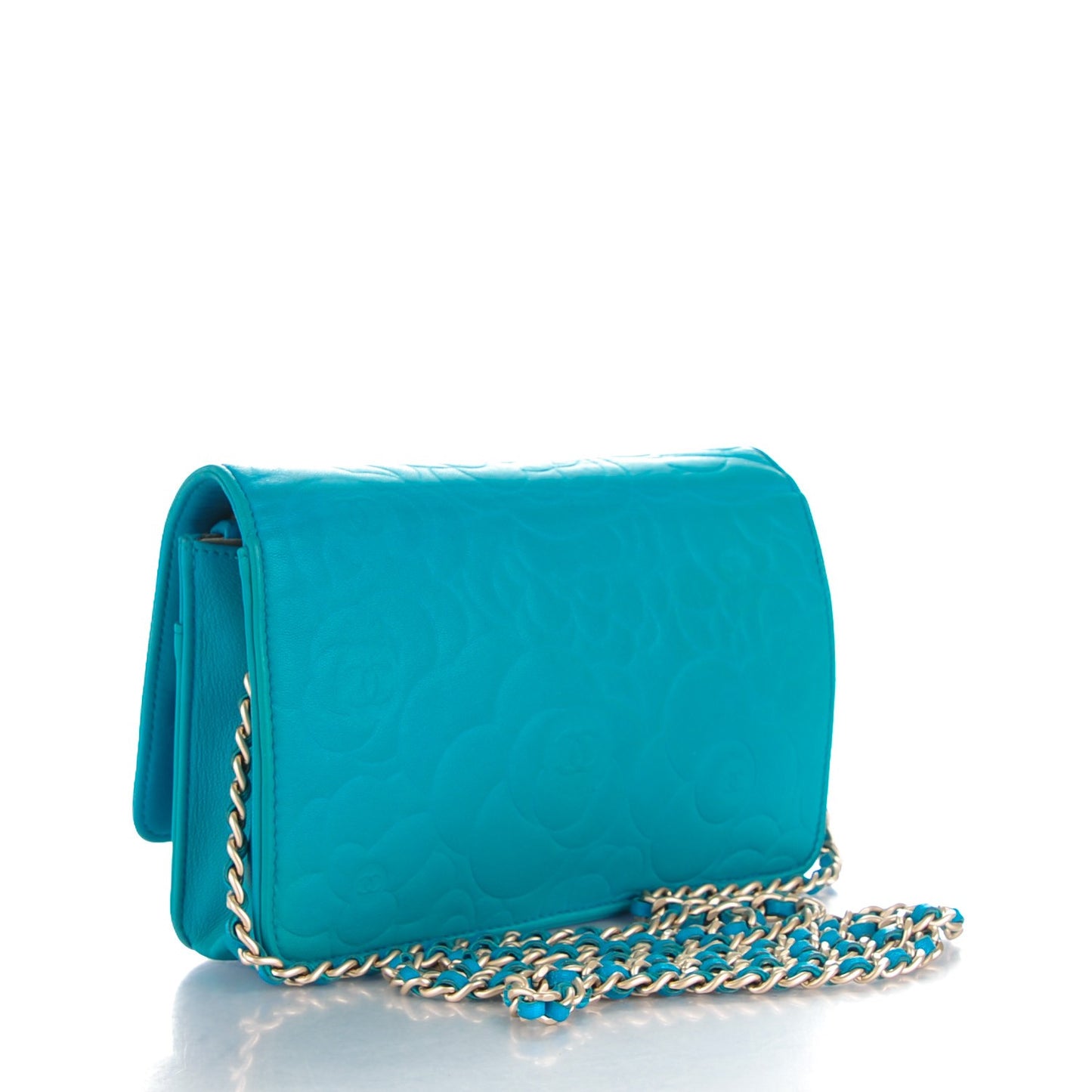 Lambskin Camellia Embossed Wallet On Chain WOC Turquoise