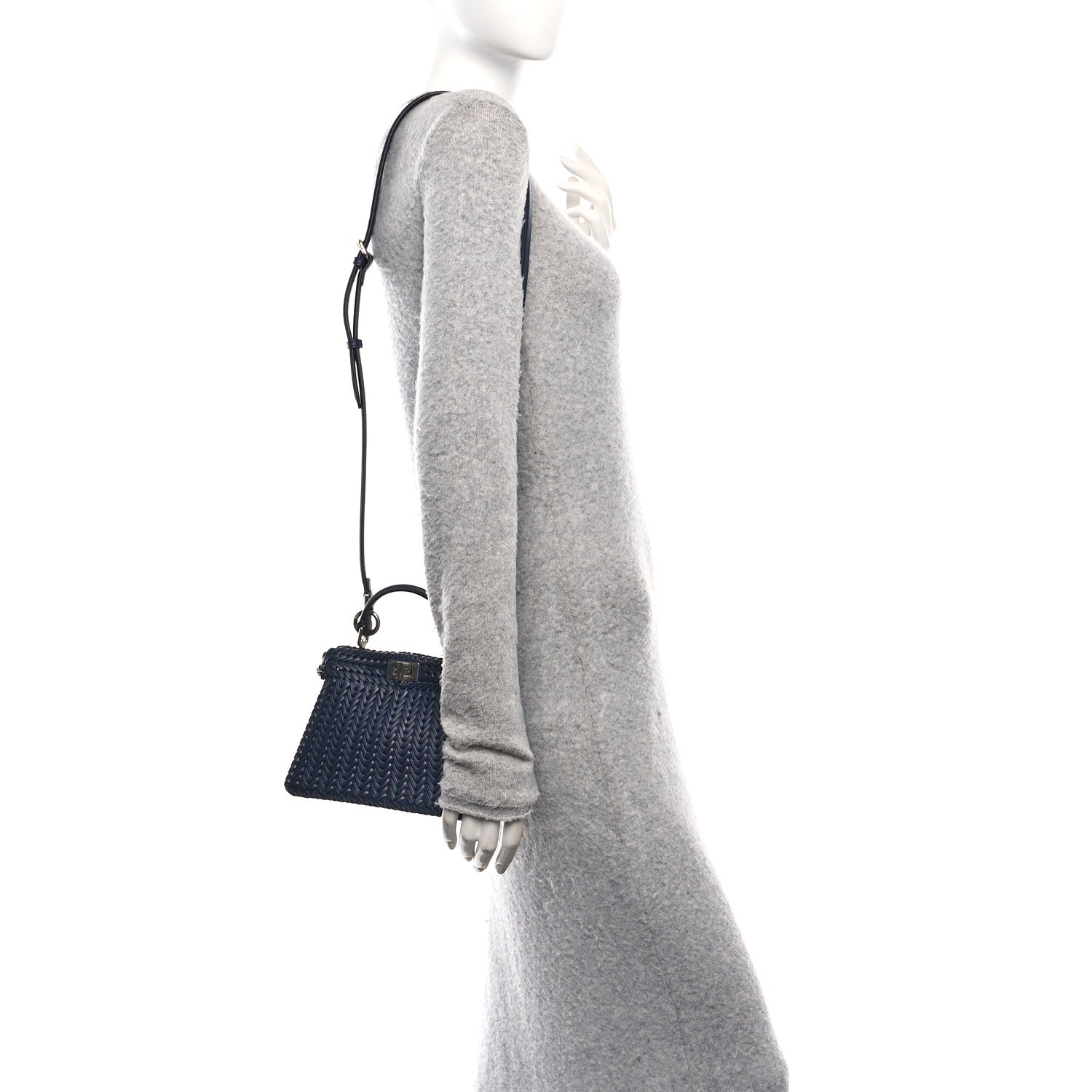 Fendi Vitello King Shiny Nappa Intreccio Petite Peekaboo I SEE U Satchel Midnight 2 of 12