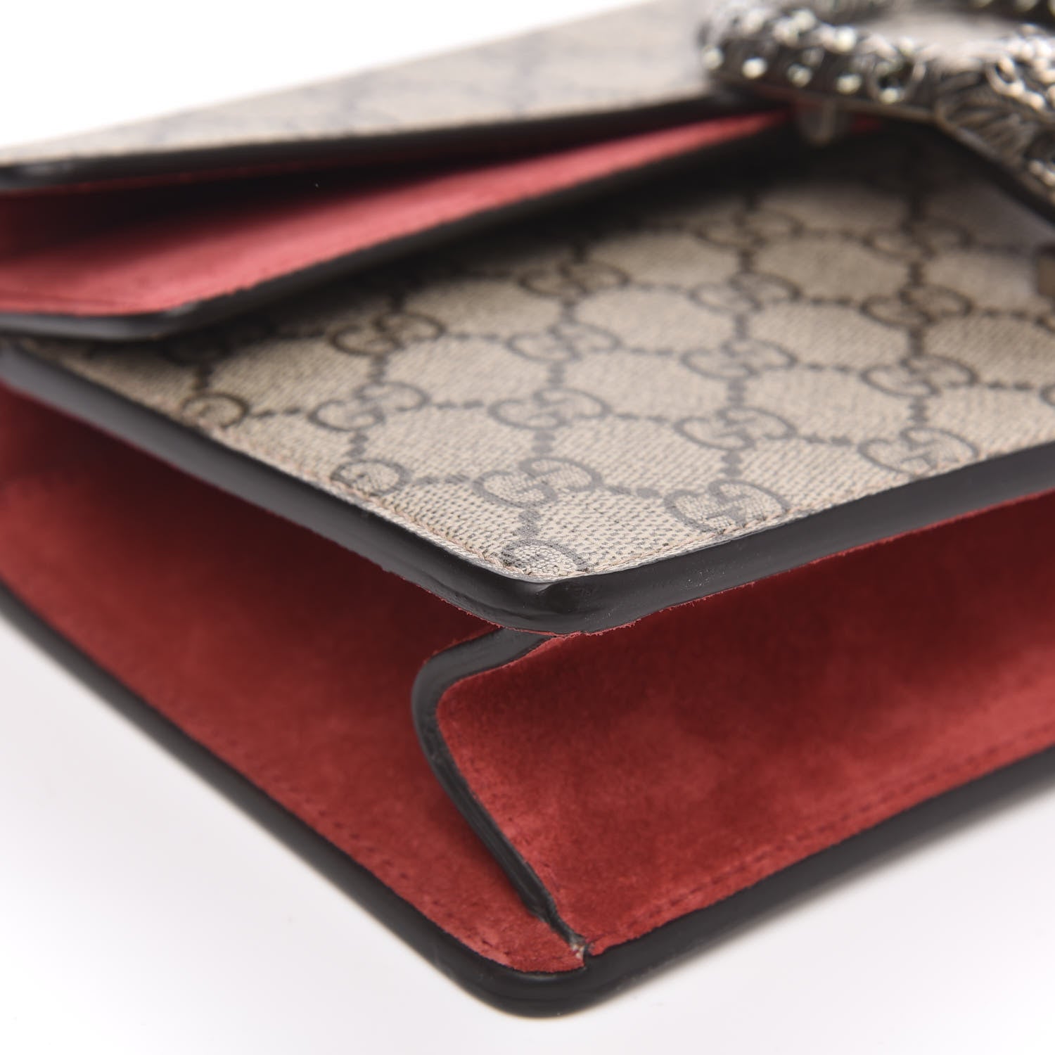 Gucci GG Supreme Monogram Suede Crystal Small Dionysus Shoulder Bag Beige Ebony Vulcanic Red 9 of 11
