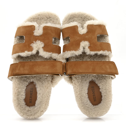 Hermes Suede Goatskin Woolskin Womens Chypre Sandals 37 Brun Fume Ecru 2 of 9