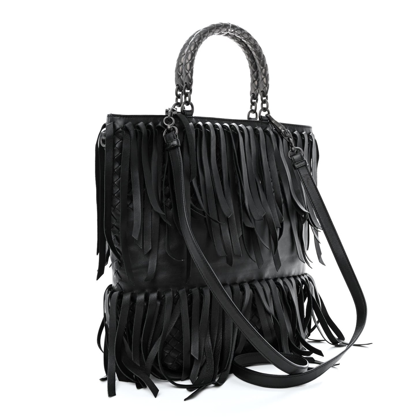 Nappa Fringe Woven Handle Tote Black