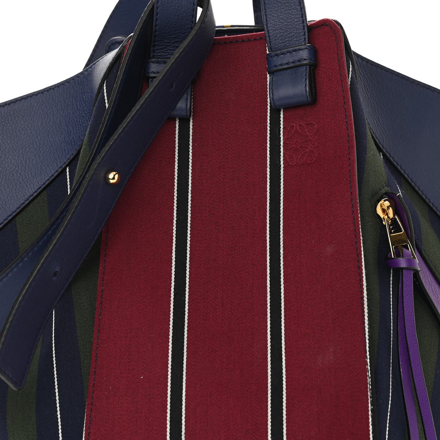 Canvas Calfskin Stripes Hammock Shoulder Bag Blue Red