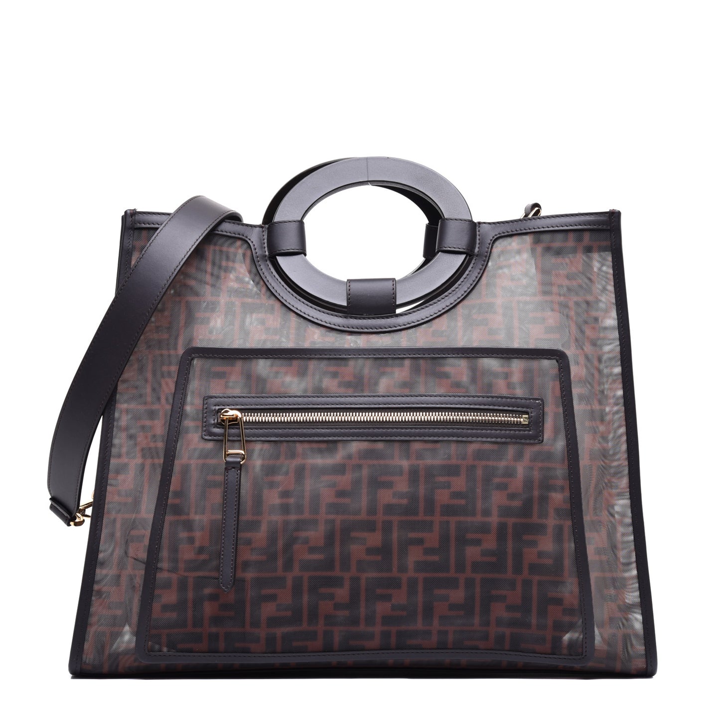 Mesh Vitello Century Cuoio FF 1974 Medium Runaway Shopper Tote Marrone Black Ebano