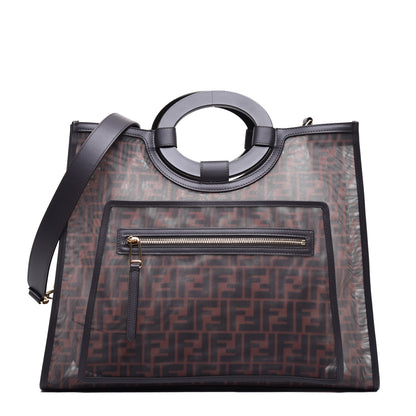 Fendi Mesh Vitello Century Cuoio FF 1974 Medium Runaway Shopper Tote Marrone Black Ebano 1 of 10