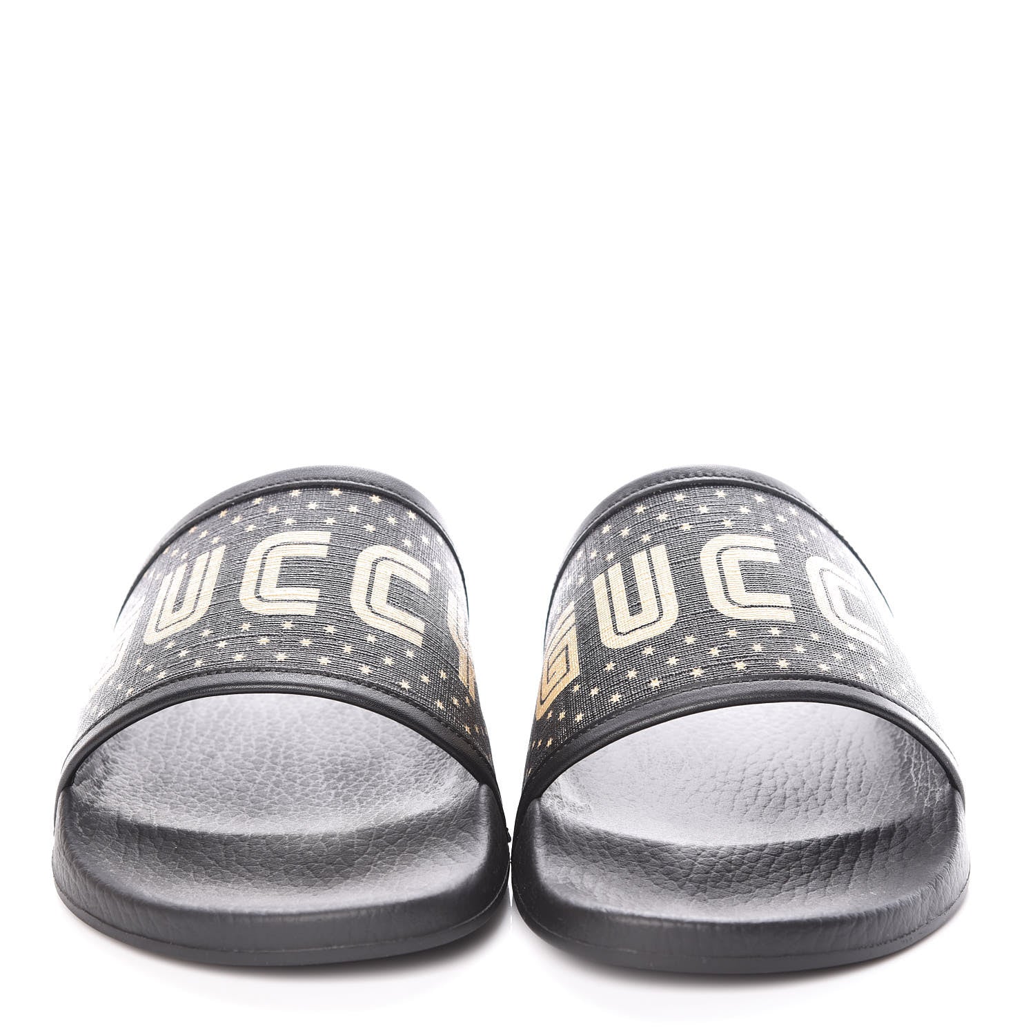 Gucci X SEGA Supreme Canvas GUCCY Stars Mens Slide Sandals 8 Black Gold 2 of 8