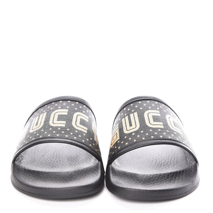 Gucci X SEGA Supreme Canvas GUCCY Stars Mens Slide Sandals 8 Black Gold 2 of 8