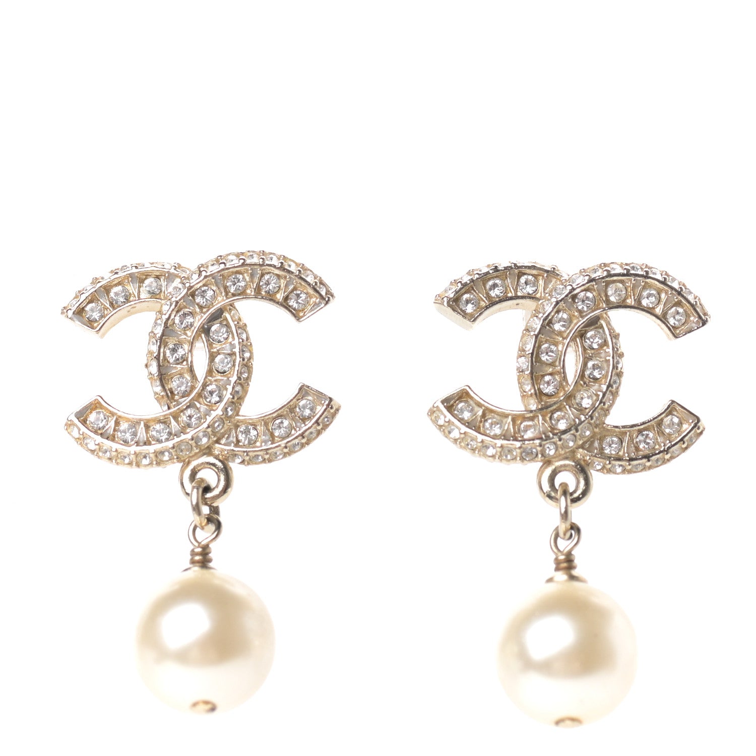 Chanel Crystal Pearl CC Drop Earrings Gold 1 of 4