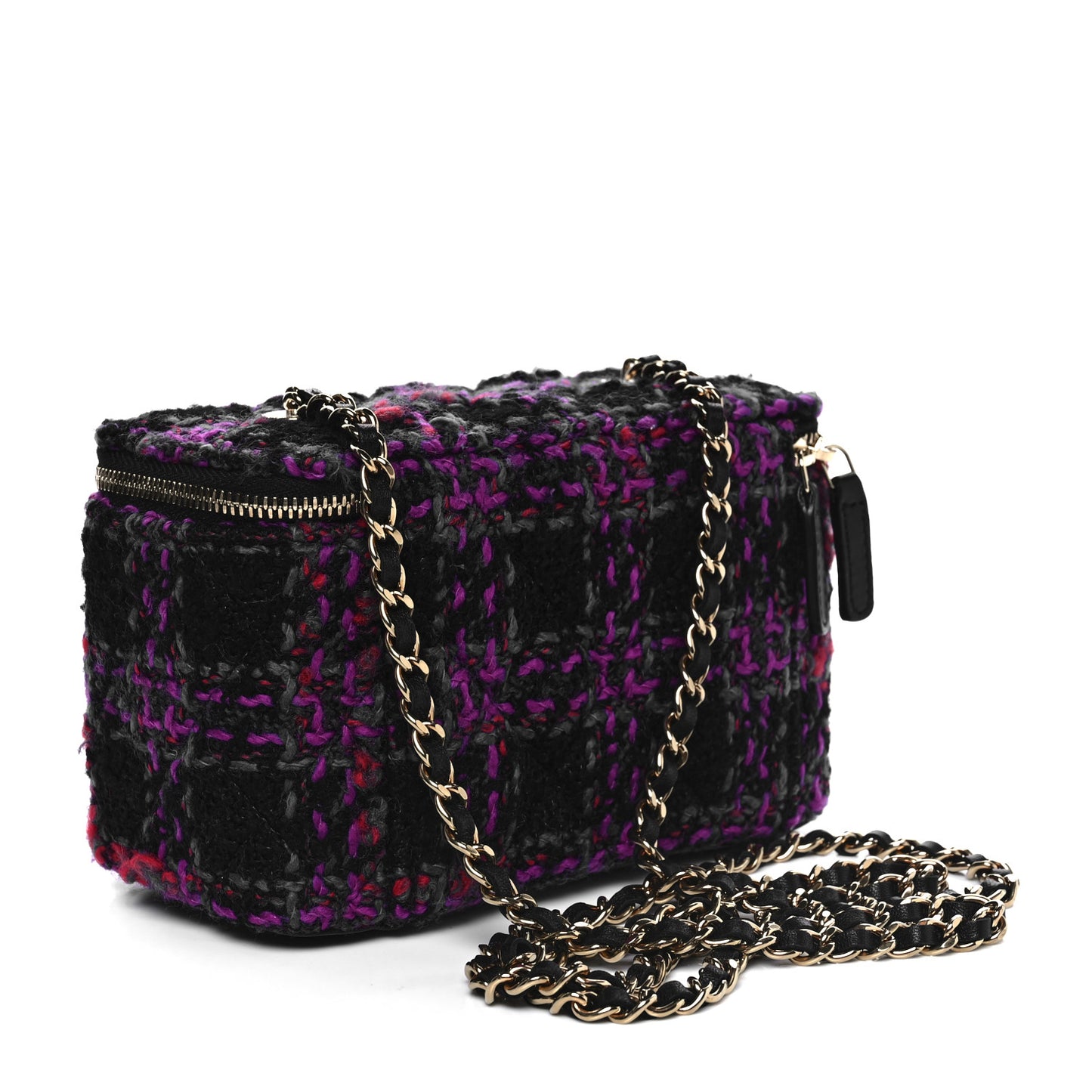 Tweed Quilted Small Vanity Case With Chain Black Purple Green Red