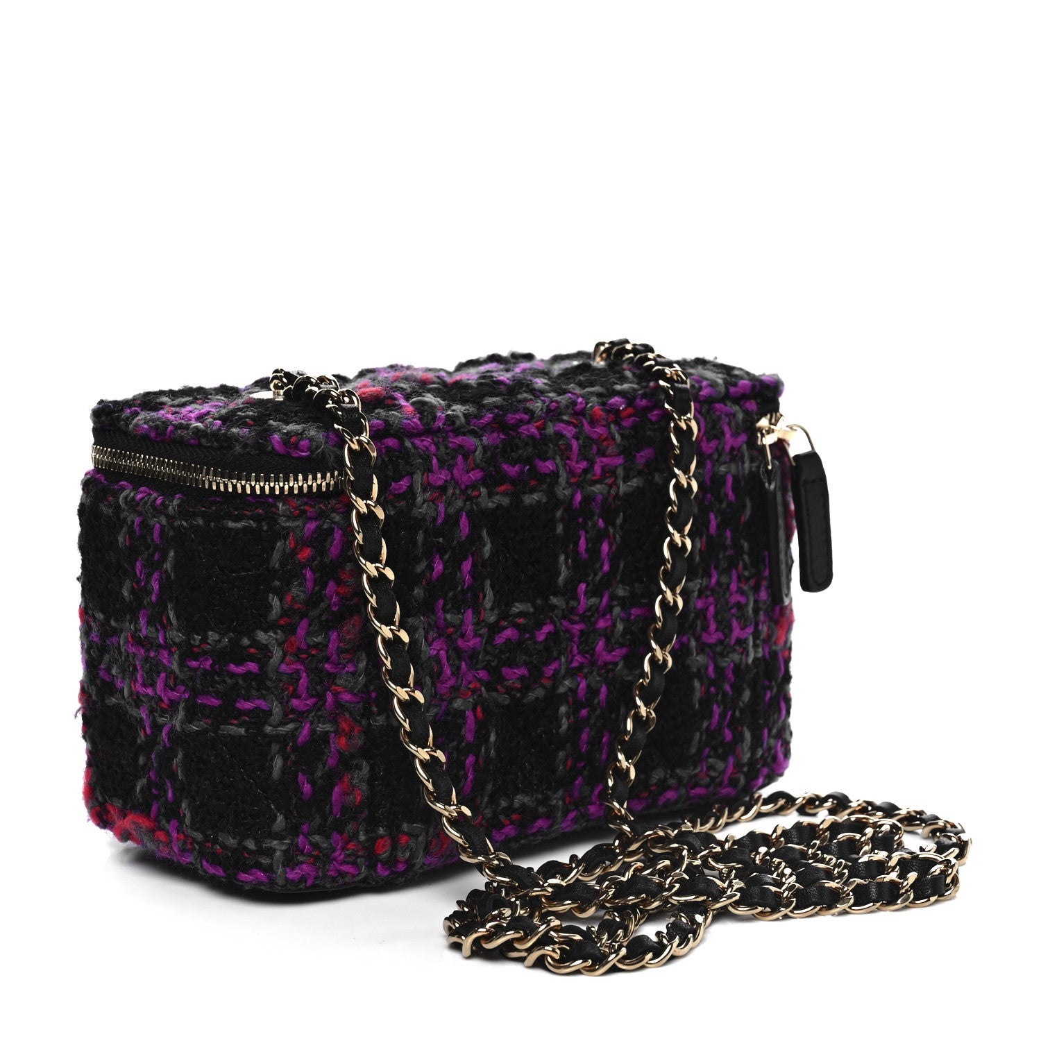 Chanel Tweed Quilted Small Vanity Case With Chain Black Purple Green Red 2 of 11