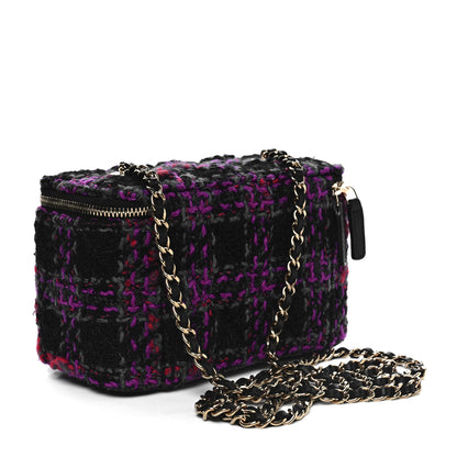 Chanel Tweed Quilted Small Vanity Case With Chain Black Purple Green Red 2 of 11