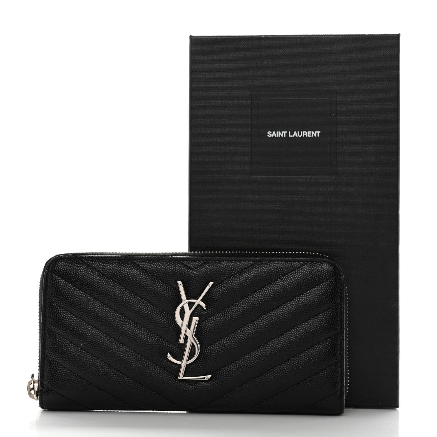 Saint Laurent Grain De Poudre Matelasse Chevron Monogram Zip Around Wallet Black 7 of 7