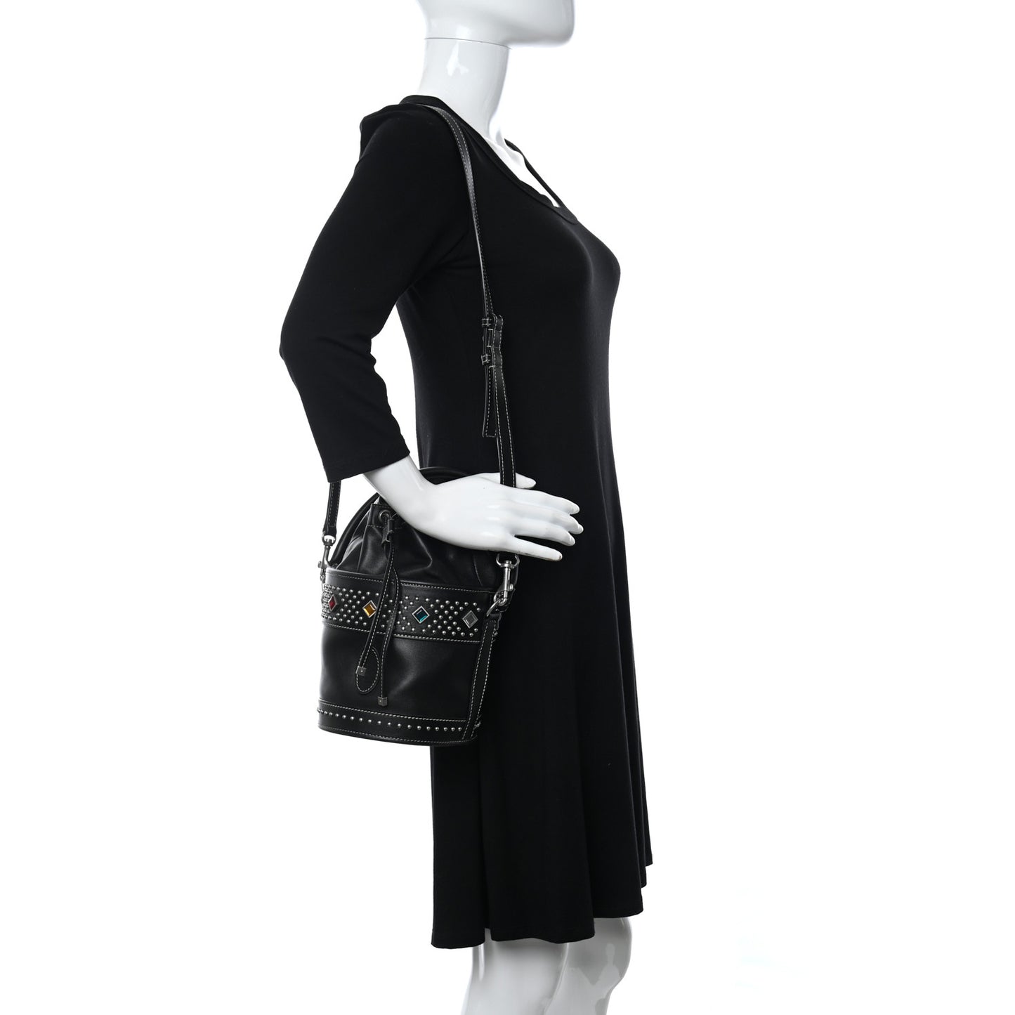 Smooth Calfskin Studded Small Bahia Drawstring Bucket Bag Black Multicolor