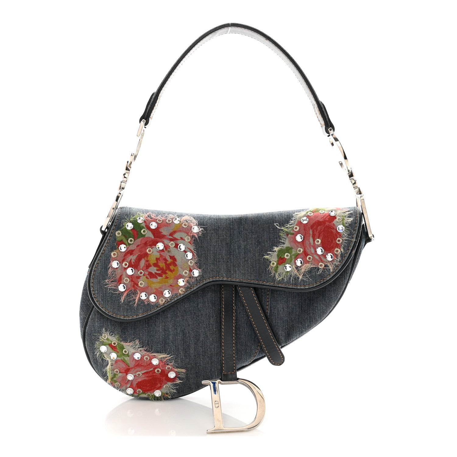 Christian Dior Denim Crystal Floral Embroidered Saddle Bag Multicolor 1 of 13