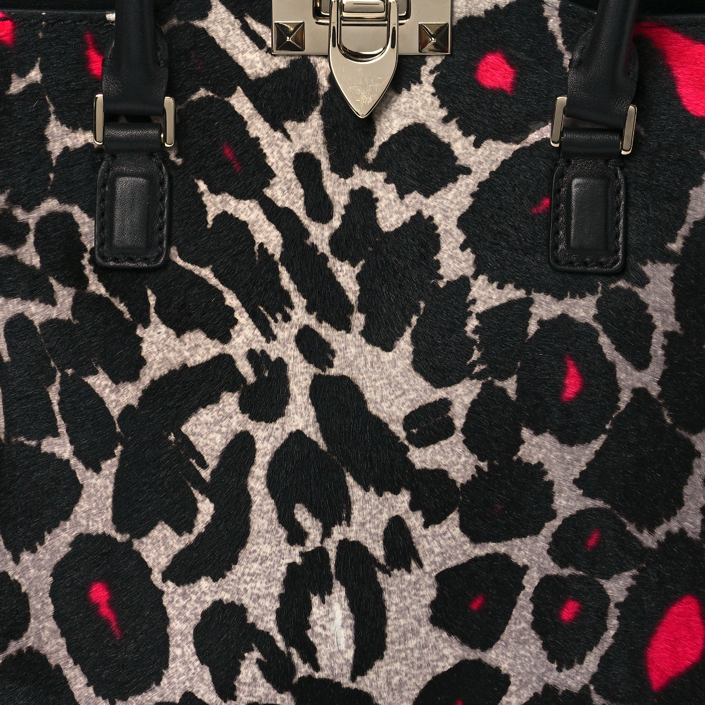 Calf Hair Leopard Print Small Rockstud Double Handle Tote Grey Pink