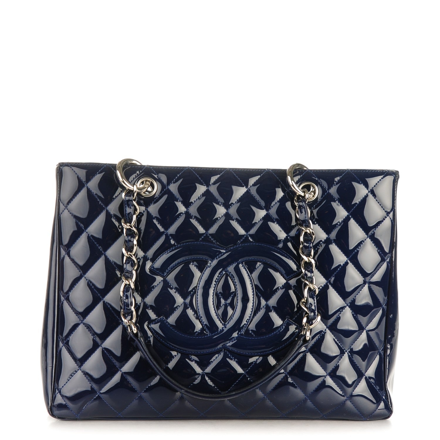 Chanel Patent Quilted Grand Shopping Tote GST Navy Blue 1 of 8