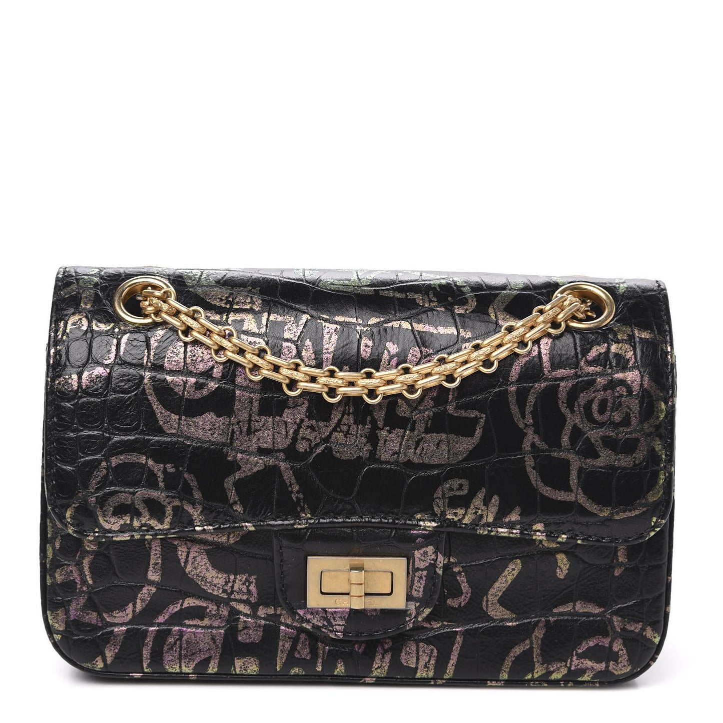 Calfskin Crocodile Embossed Graffiti 2.55 Mini Cocodile Reissue Flap Black Pink