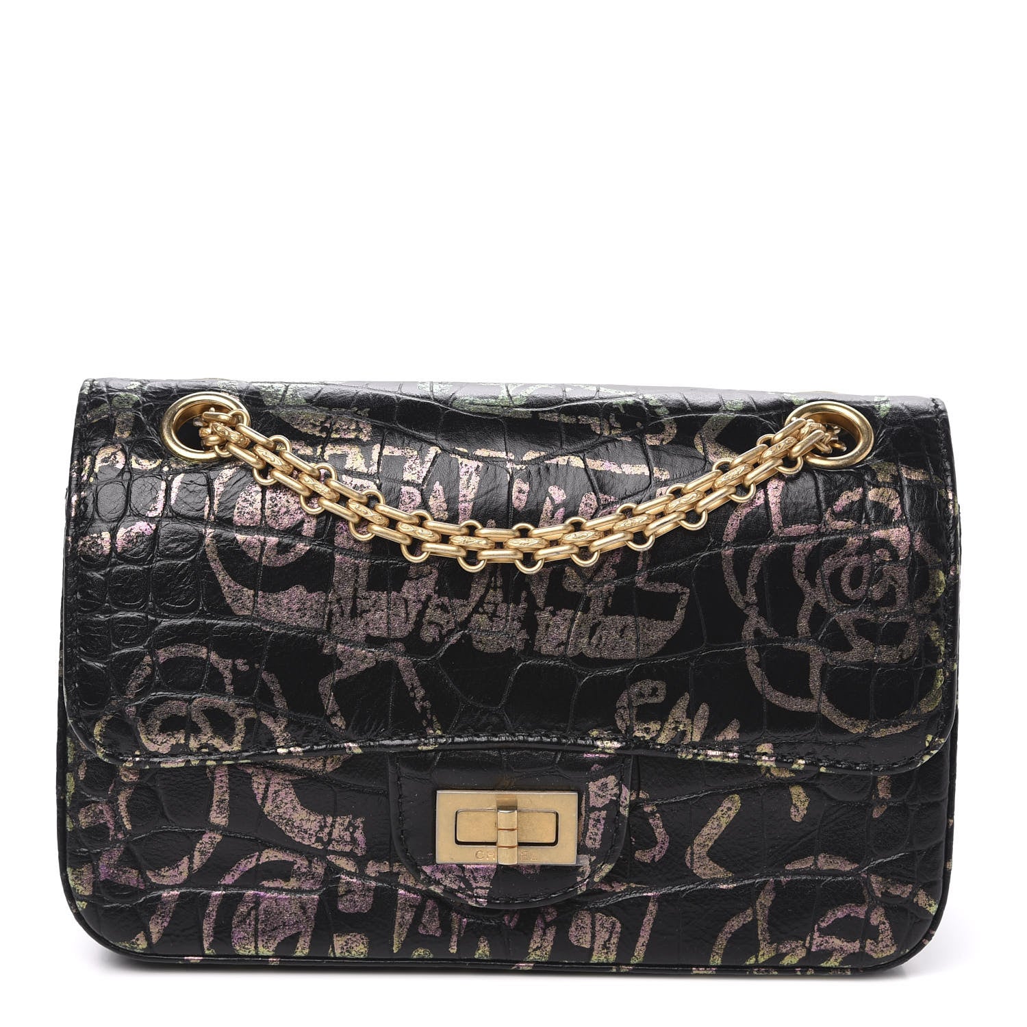 Chanel Calfskin Crocodile Embossed Graffiti 2.55 Mini Cocodile Reissue Flap Black Pink 1 of 12