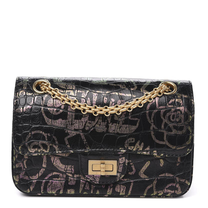 Chanel Calfskin Crocodile Embossed Graffiti 2.55 Mini Cocodile Reissue Flap Black Pink 1 of 12
