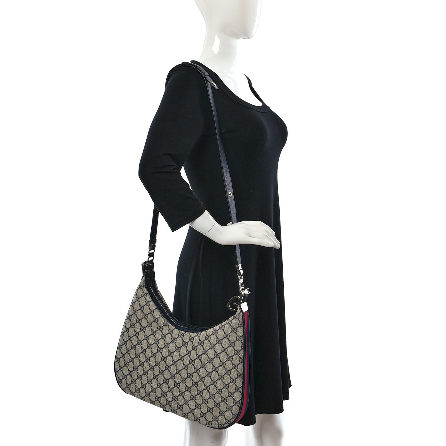 GG Supreme Monogram Textured Calfskin Web Large Attache Shoulder Bag Beige Blue