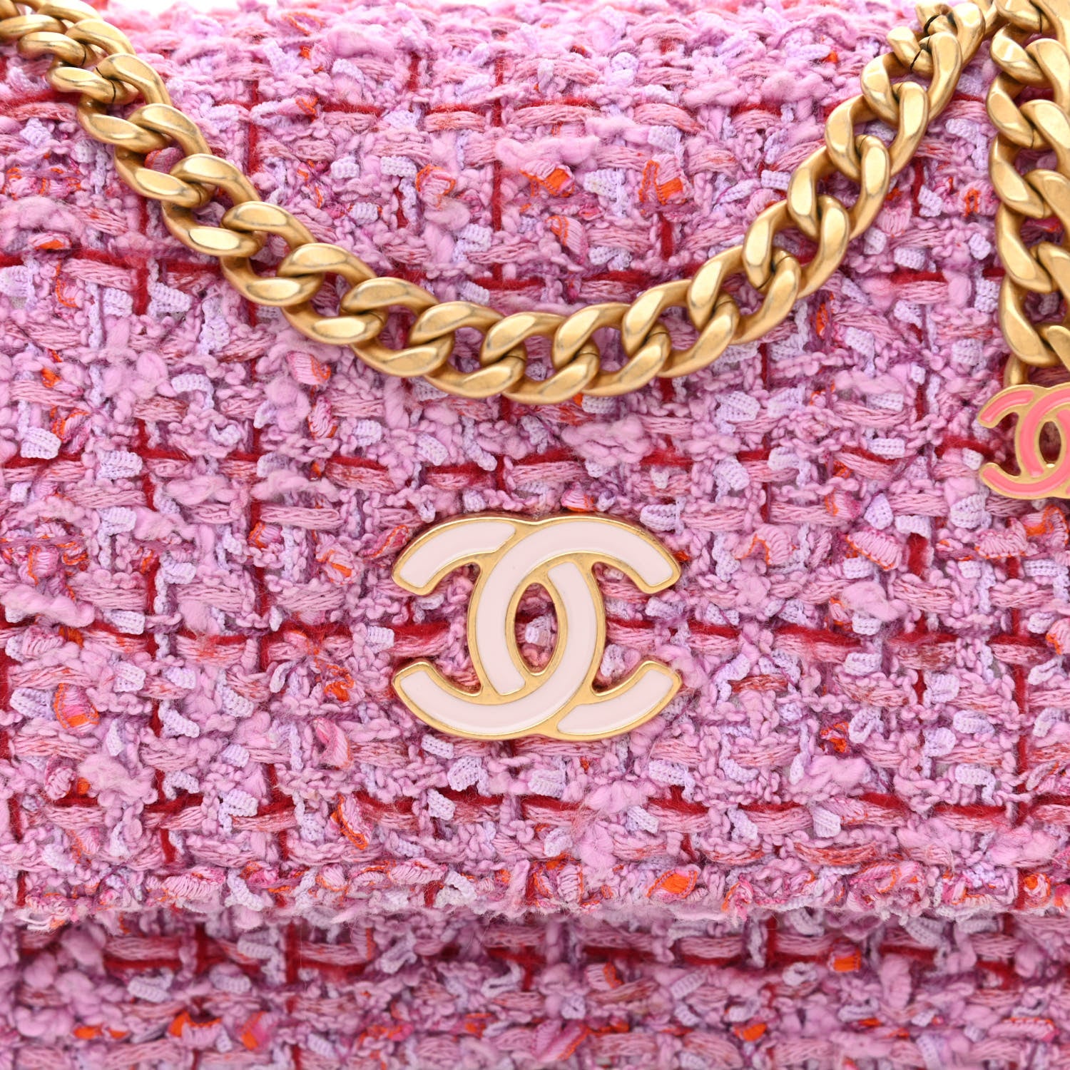 Chanel Tweed Enamel Quilted Pending CC Mini Wallet On Chain WOC Pink Purple 9 of 12
