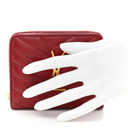 Saint Laurent Lambskin Matelasse Chevron Monogram Compact Zip Around Wallet Rouge Opium 2 of 9