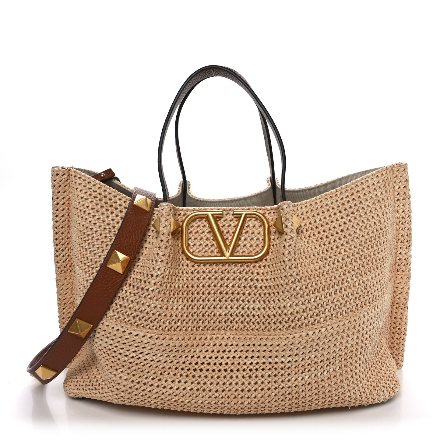 Raffia Grained Calfskin Medium Rockstud Vlogo Tote Naturale