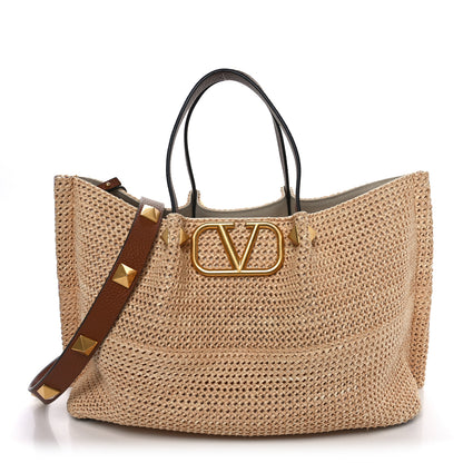 Valentino Garavani Raffia Grained Calfskin Medium Rockstud Vlogo Tote Naturale 1 of 10