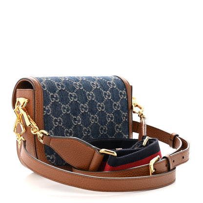 Gucci New Denim GG Monogram Dollar Calfskin Web Mini Horsebit 1955 Shoulder Bag Blue Tea Cuir Epilog 3 of 10