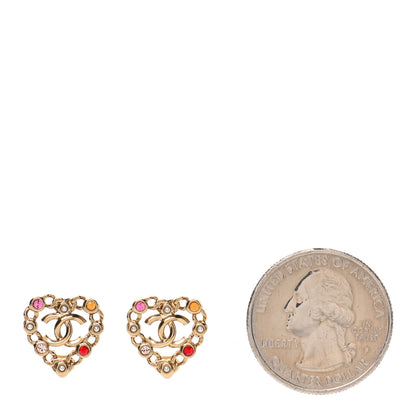 Chanel Pearl Crystal CC Heart Earrings Gold Multicolor 2 of 7