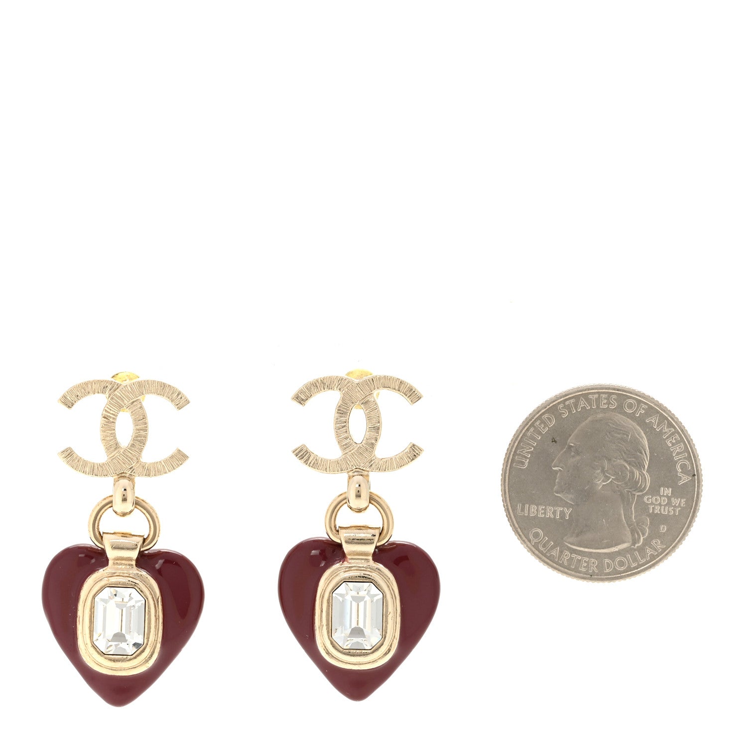 Chanel Resin Crystal CC Heart Drop Earrings Red Gold 3 of 10