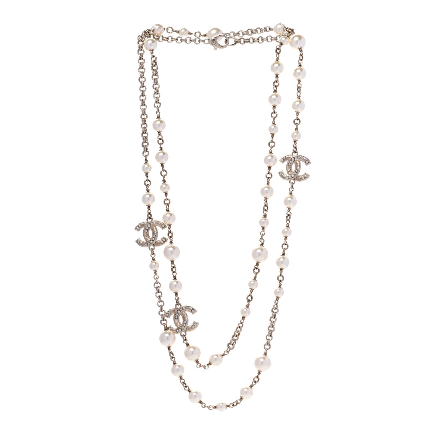 Graduated Pearl Crystal Twisted CC Long Necklace Gold