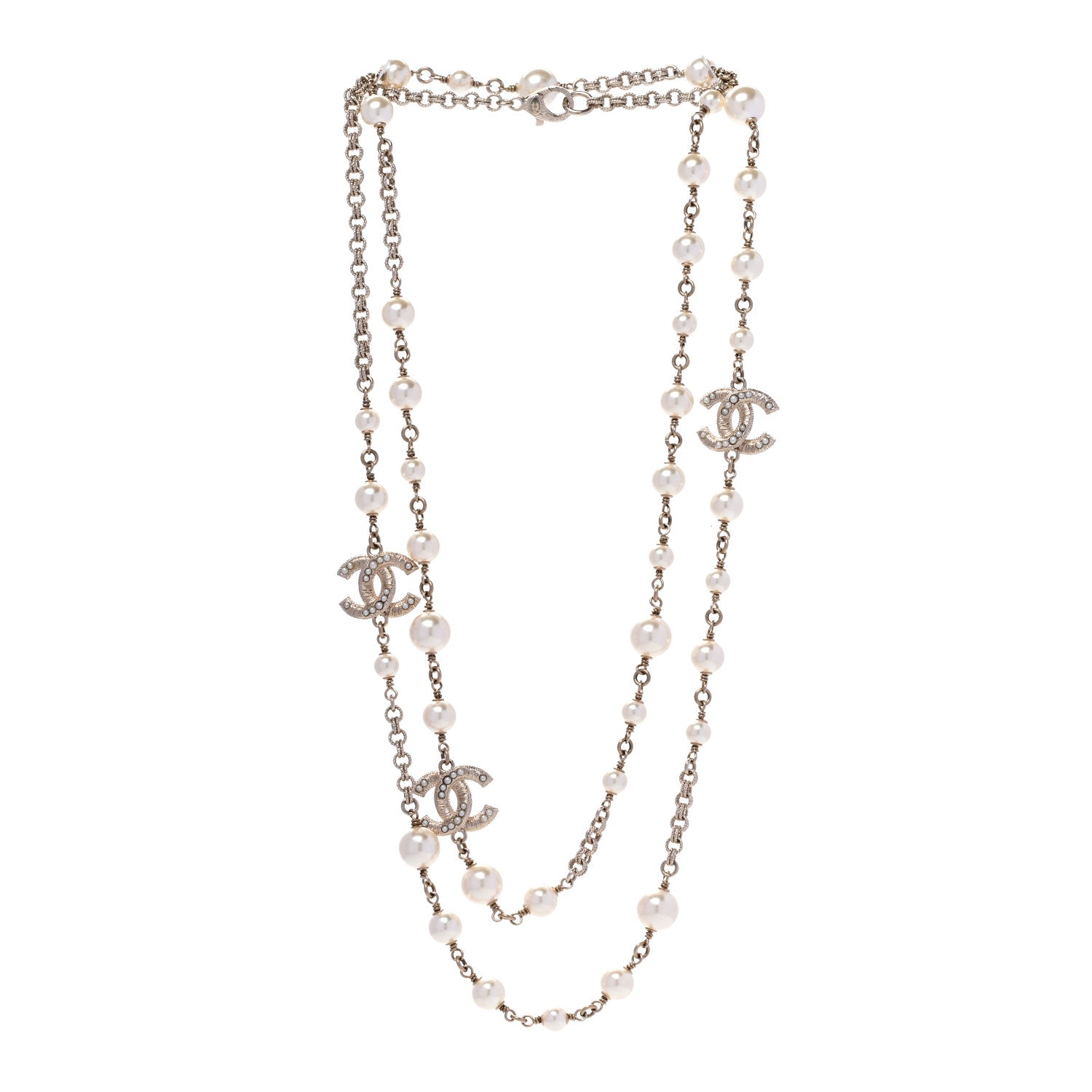 Chanel Graduated Pearl Crystal Twisted CC Long Necklace Gold 3 of 6