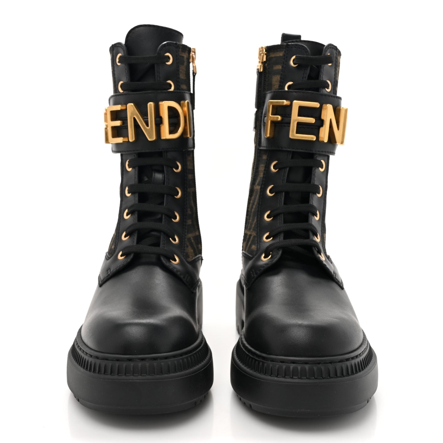 Vitello Fabric Jacquard FF Fendigraphy 50mm Biker Boots 38 Black Tobacco