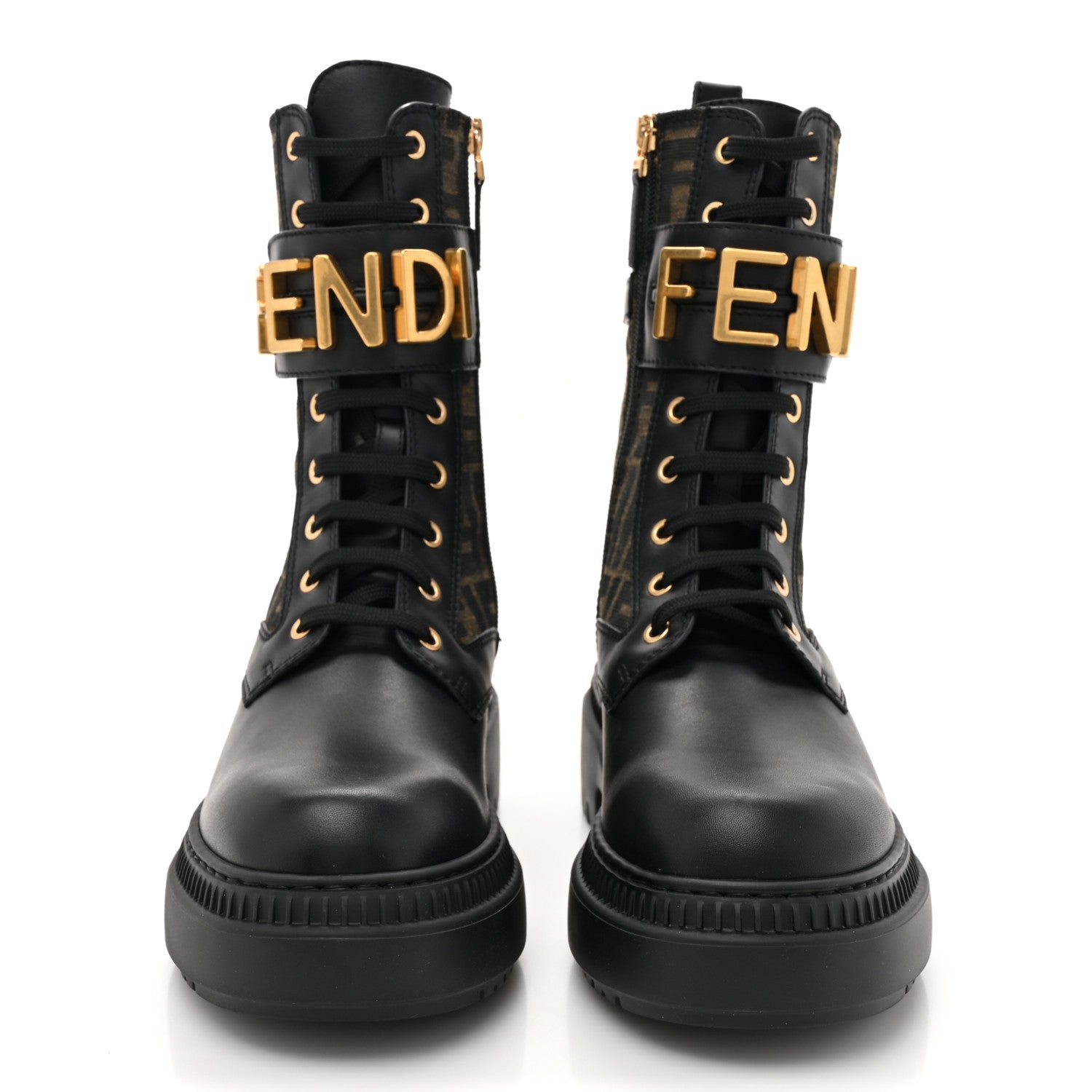 Fendi Vitello Fabric Jacquard FF Fendigraphy 50mm Biker Boots 38 Black Tobacco 2 of 10