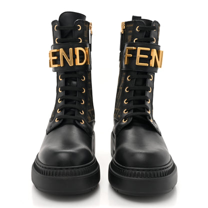 Fendi Vitello Fabric Jacquard FF Fendigraphy 50mm Biker Boots 38 Black Tobacco 2 of 10