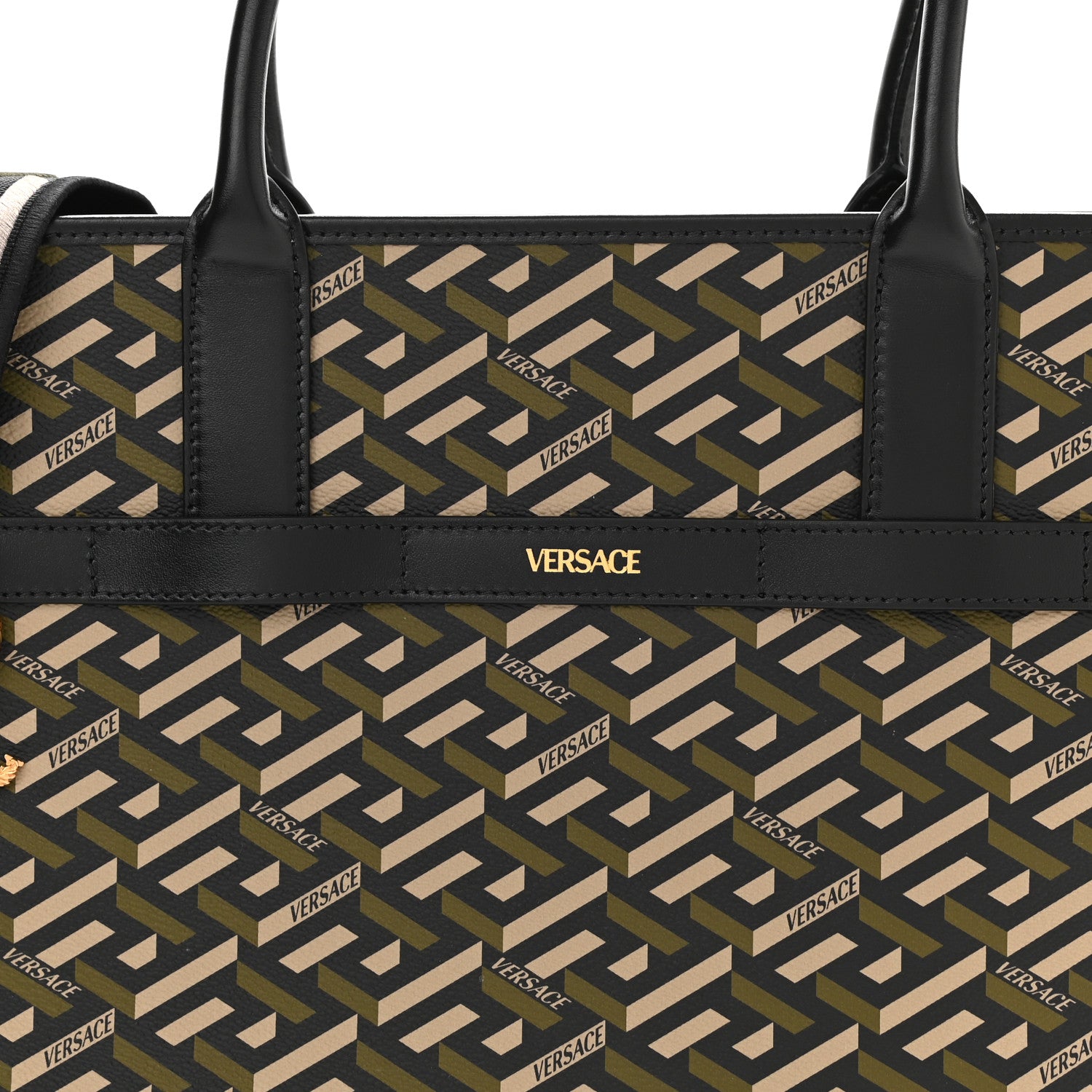 Versace Coated Canvas Calfskin La Greca Signature Tote Bag Black Khaki 8 of 10