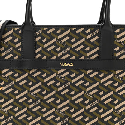 Versace Coated Canvas Calfskin La Greca Signature Tote Bag Black Khaki 8 of 10