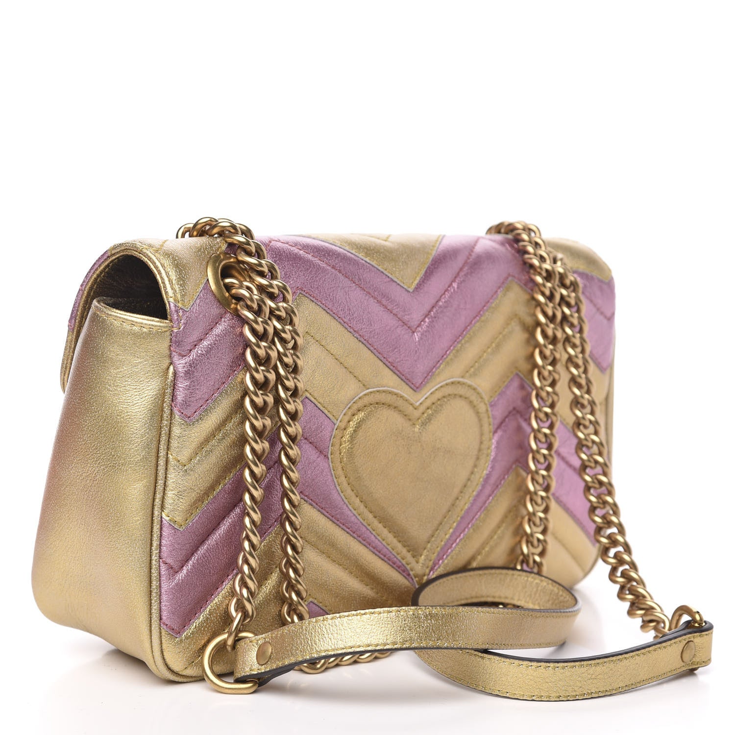 Gucci Metallic Calfskin Matelasse Small GG Marmont Shoulder Bag Gold Pink 3 of 11