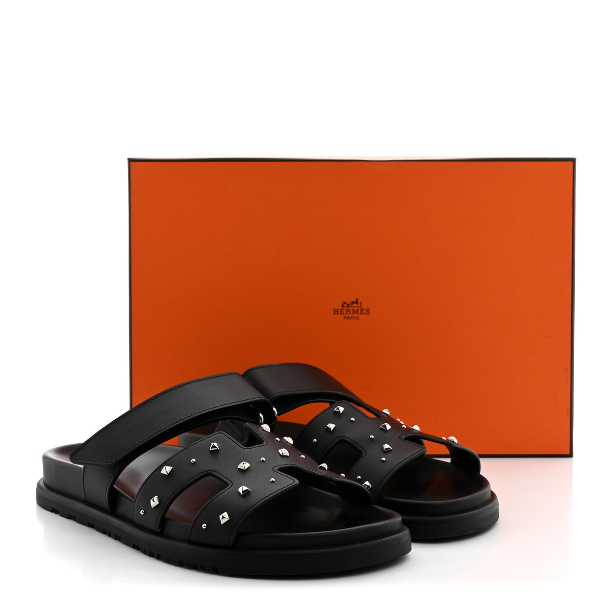 Hermes Calfskin Medor Studded Womens Chypre Sandals 37.5 Black 10 of 10