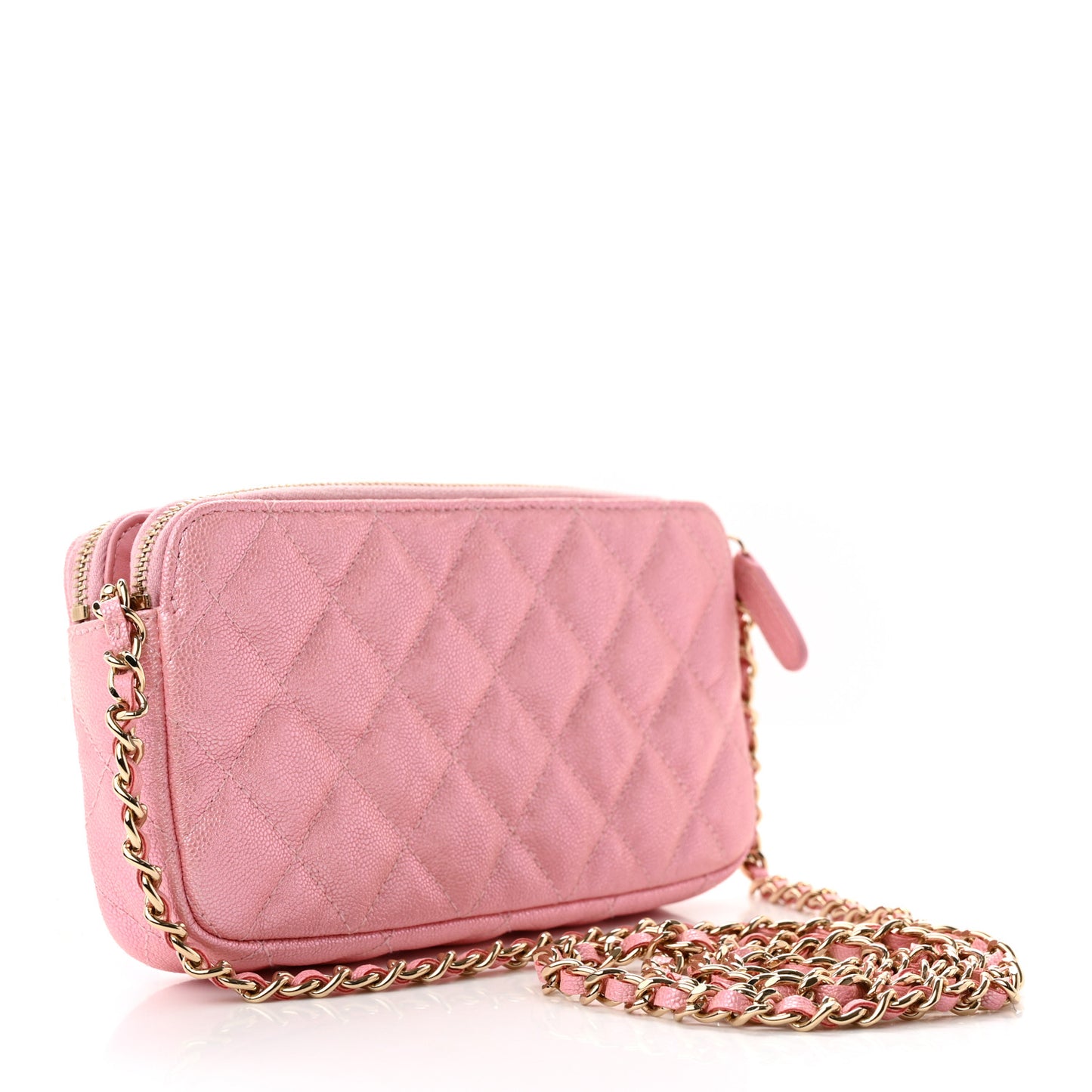 Iridescent Caviar Quilted Small Clutch With Chain Pink